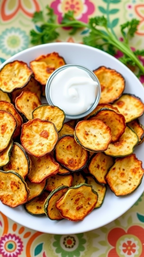 A plate of crispy baked zucchini chips with a bowl of ranch dressing, garnished with parsley.